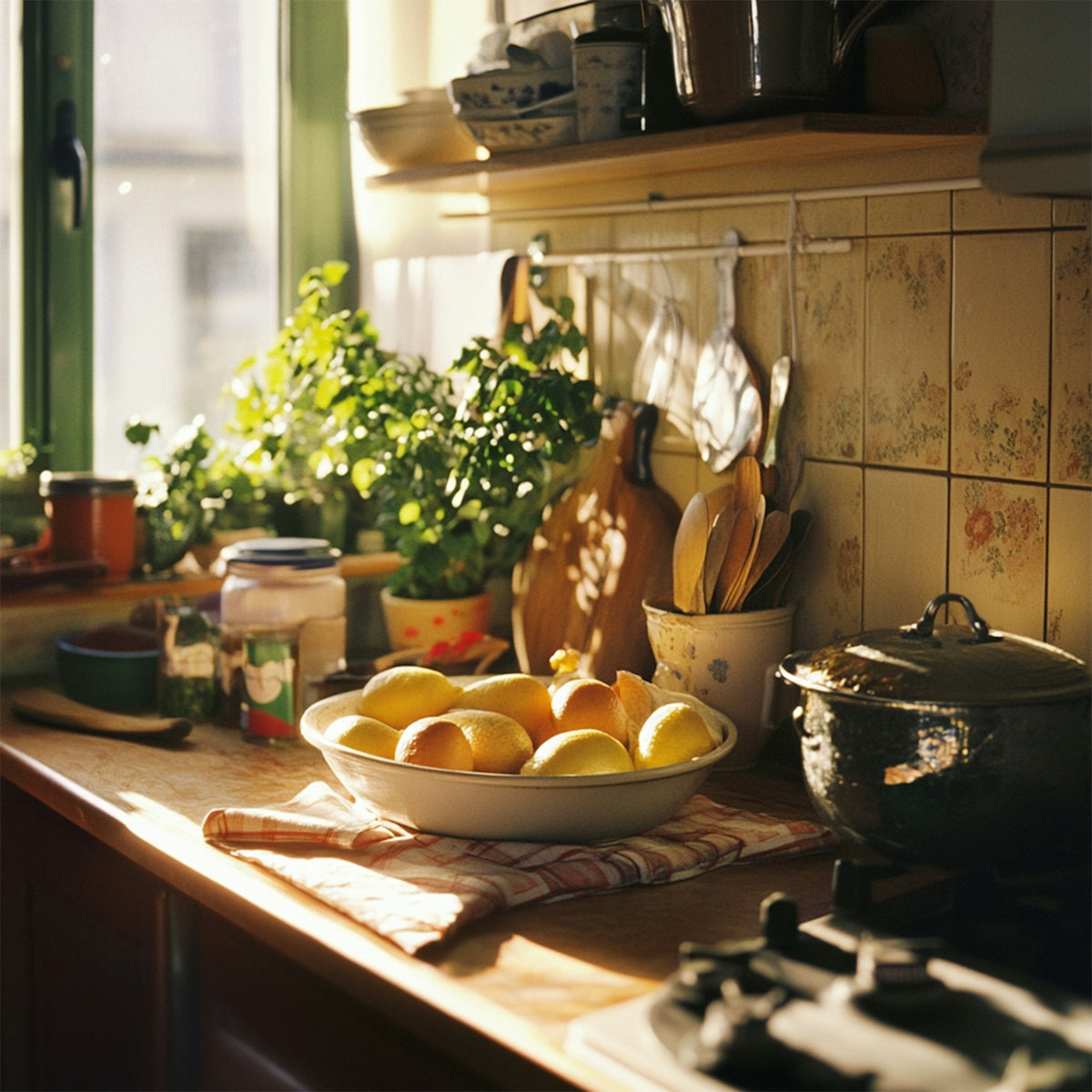 A sunny kitchen with herbs and cooking essentials