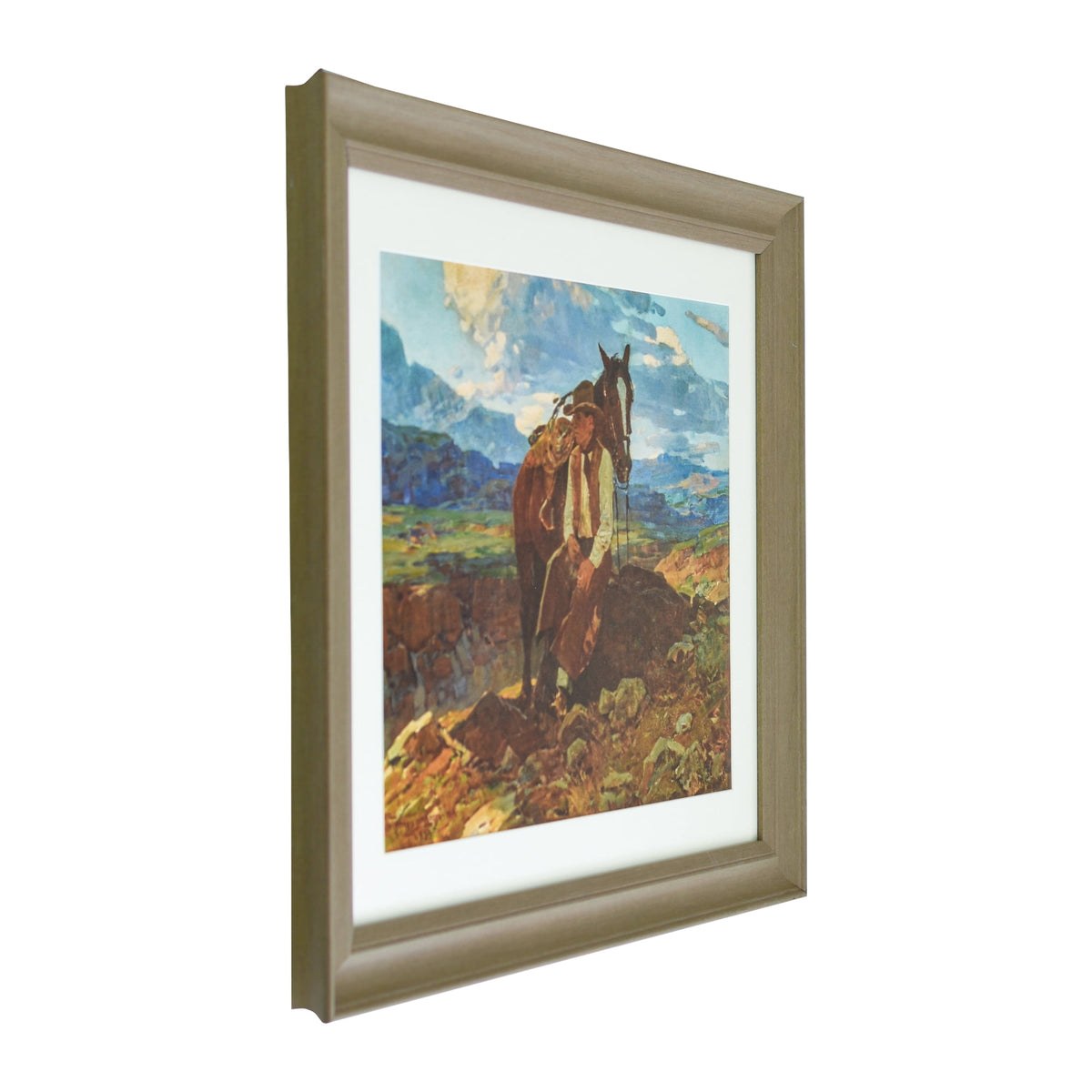The Pioneer Woman Frank Tenney Johnson "An Idle Dreamer" Framed Western Wall Art Print, Cowboy and Horse Landscape Artwork, Matted Rustic Ranch Decor, Ready to Hang Framed Art for Living Room