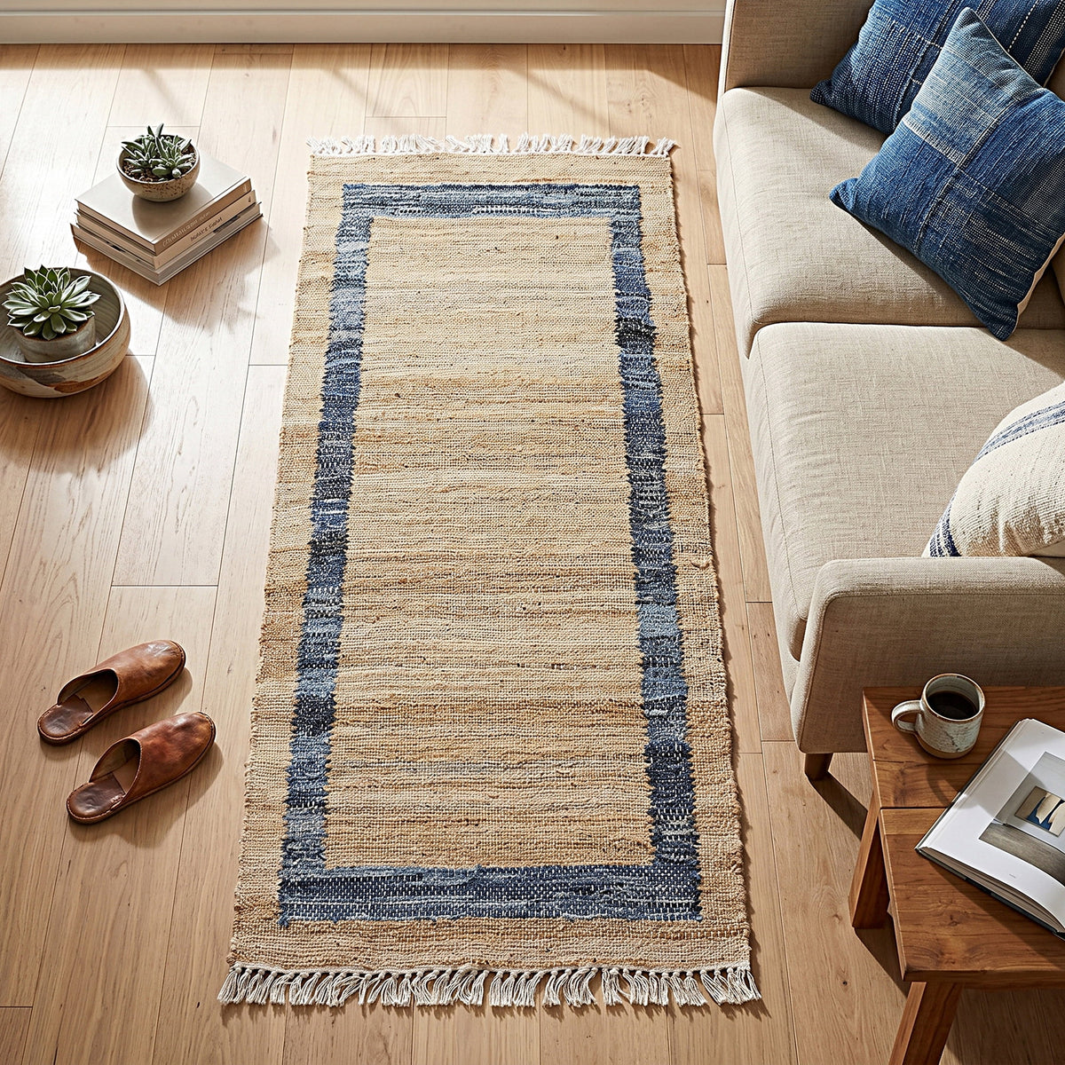 The Pioneer Woman Denim Jute Runner Rug, Natural with Blue Border, 30 x 96 Inches