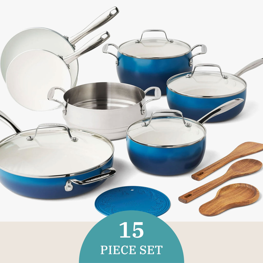 The Pioneer Woman Harlow 15-Piece Cookware Set, Ceramic Non-Stick Pots and Pans Set,  Denim Blue