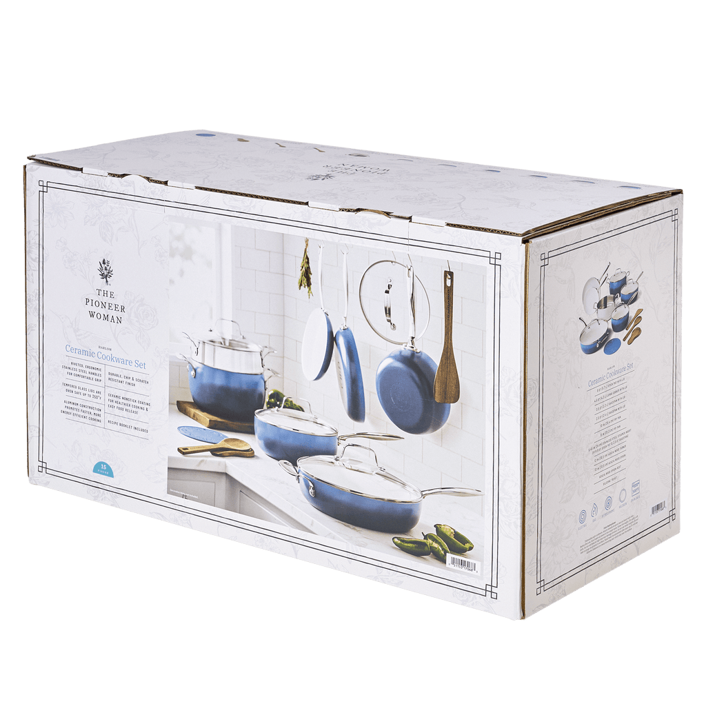 The Pioneer Woman Harlow 15-Piece Cookware Set, Ceramic Non-Stick Pots and Pans Set,  Denim Blue
