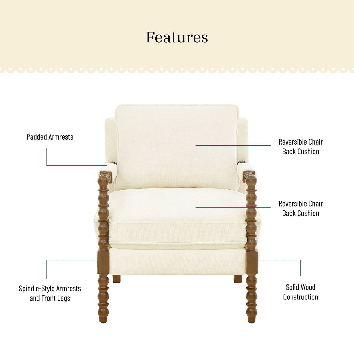 Pioneer Woman Harper Spindle Accent Chair, Antique White Fabric Upholstery
