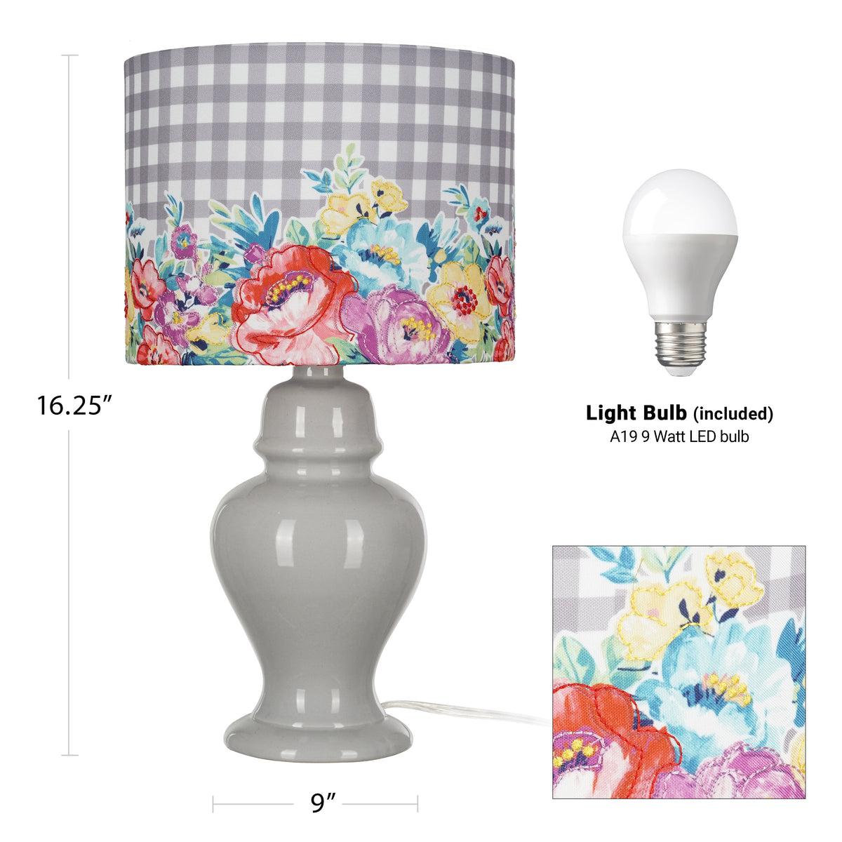 The Pioneer Woman Sweet Romance Table Lamp, Grey Finish with LED Bulb Included