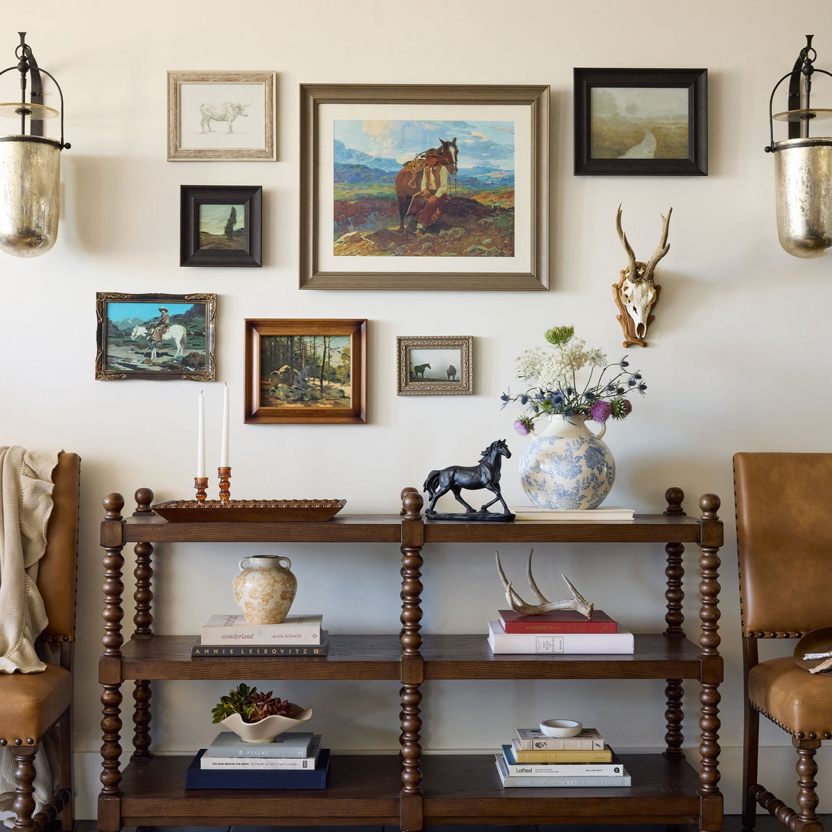 The Pioneer Woman Frank Tenney Johnson "An Idle Dreamer" Framed Western Wall Art Print, Cowboy and Horse Landscape Artwork, Matted Rustic Ranch Decor, Ready to Hang Framed Art for Living Room