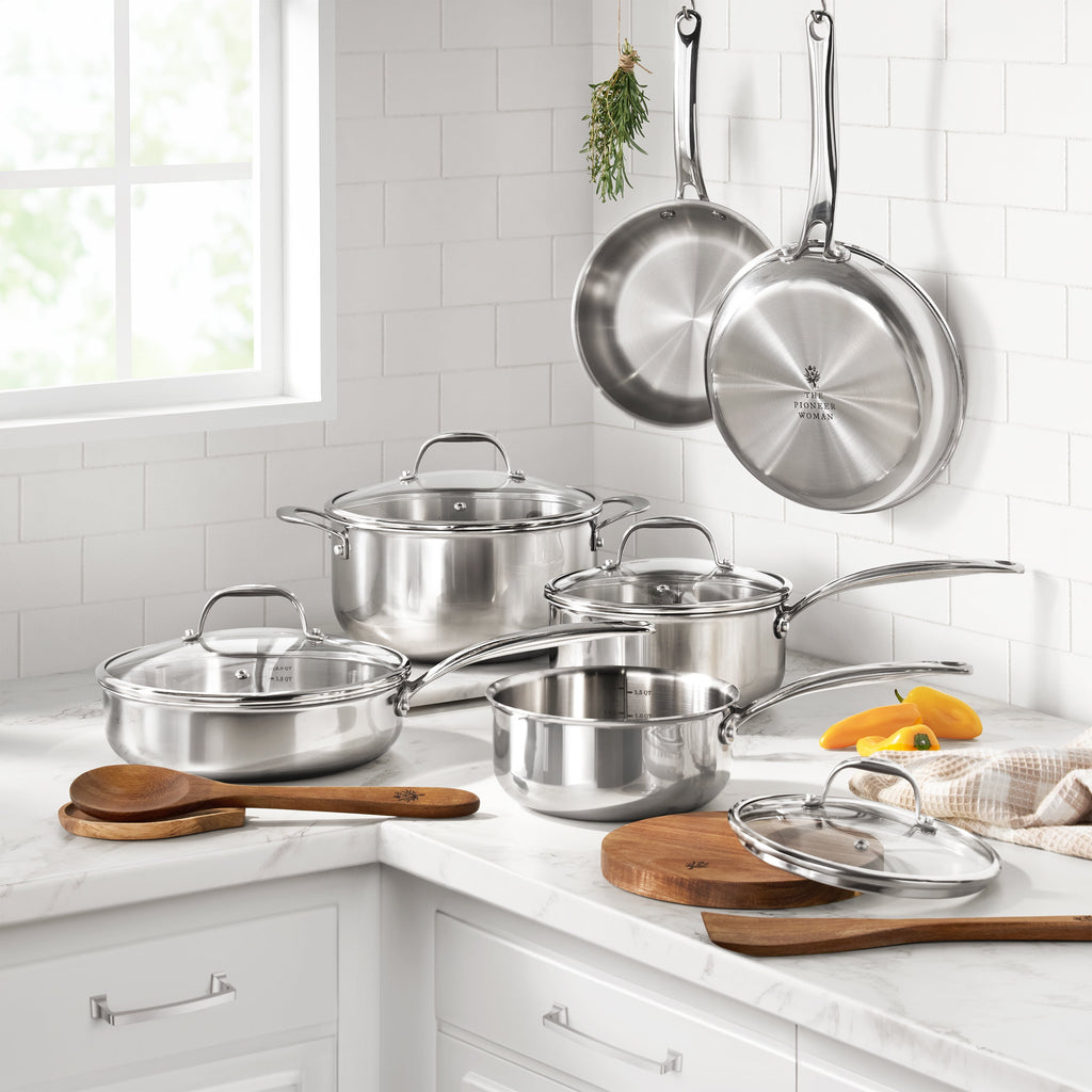 The Pioneer Woman 14-Piece Stainless Steel Cookware Set, Cooking Pots and Pans Set with Kitchen Utensils