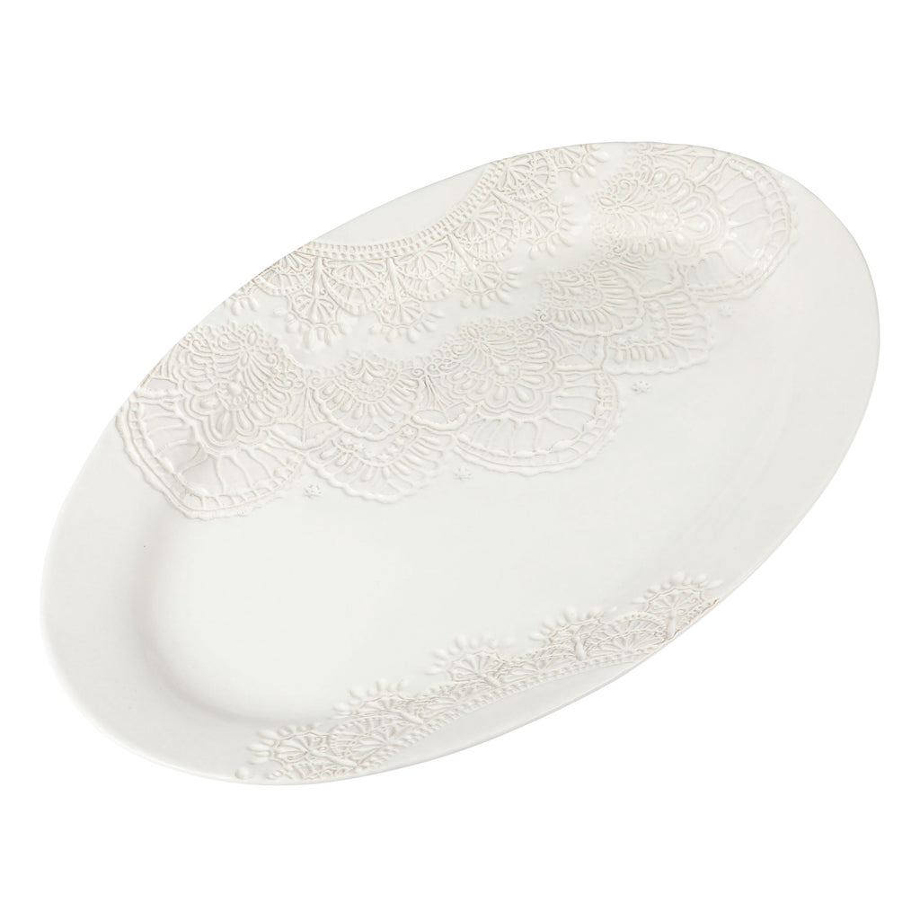 The Pioneer Woman Vintage Lace 20-inch Stoneware Oval Serving Tray Platter, White