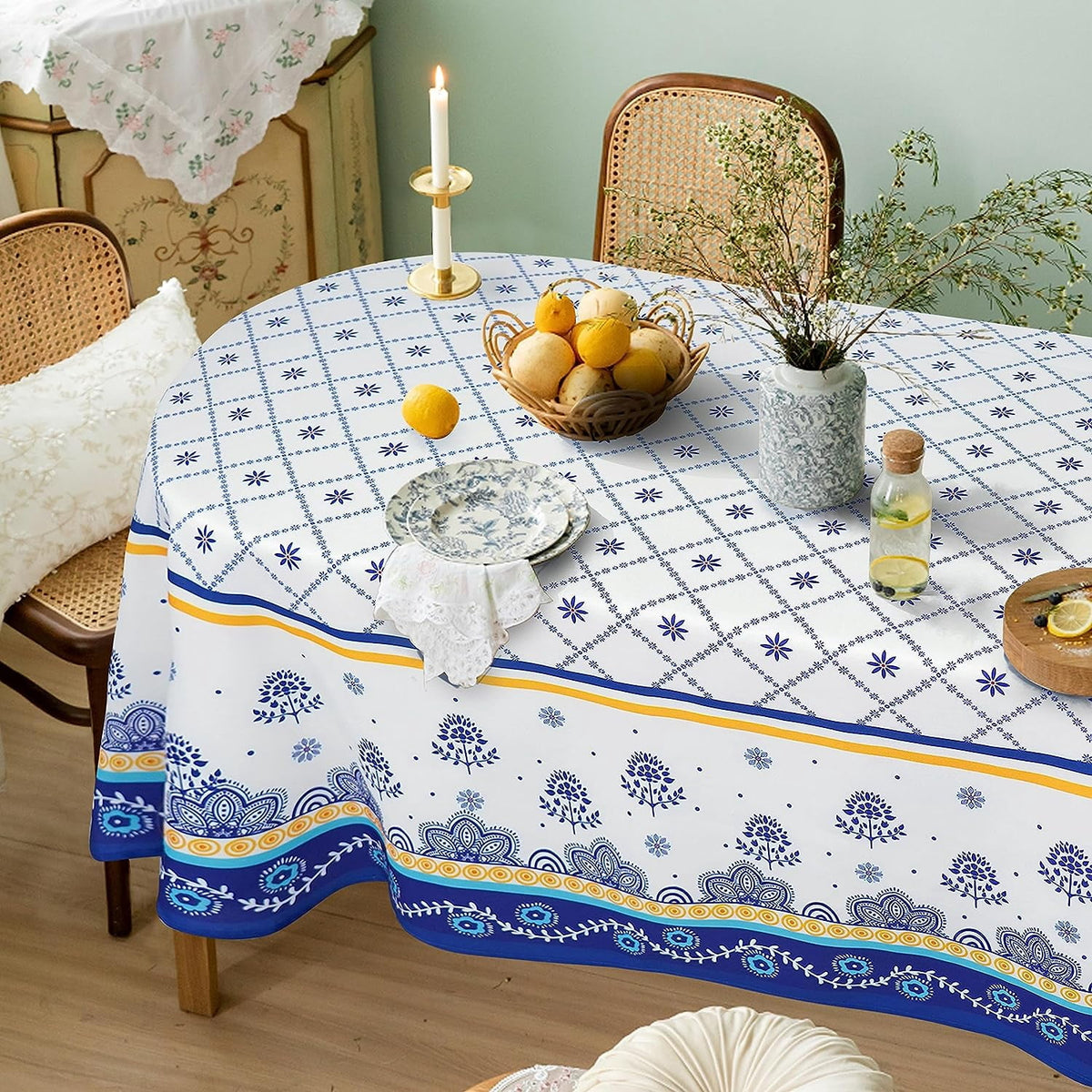 Polish Pottery Style Tablecloth, Blue Ceramic Table Cloth, Farmhouse Tablecover for Oval Tables 60 x 84, Perfect for Kitchen Dinner, Restaurant,Holiday Picnic Party Table Cover
