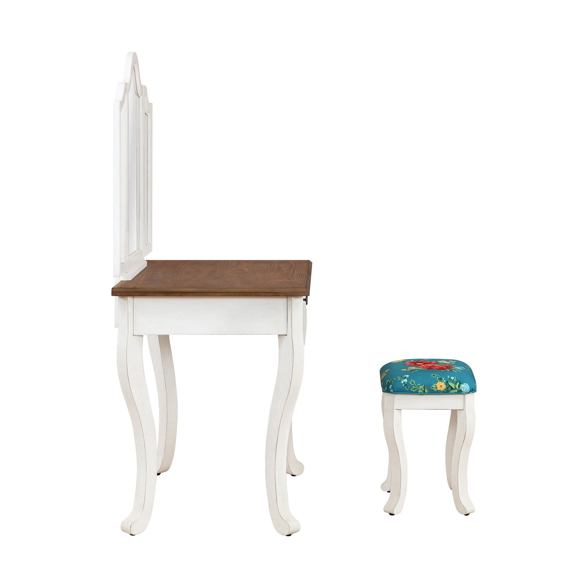 The Pioneer Woman Vanity Set and Stool with Tri-Fold Mirror and Made With Solid Wood Frame, White