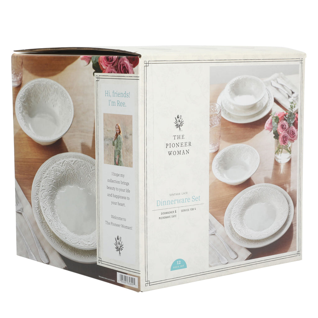 The Pioneer Woman Vintage Lace 12-Piece Ceramic Dinnerware Set, Linen