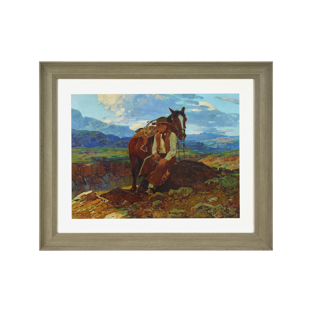 The Pioneer Woman Frank Tenney Johnson "An Idle Dreamer" Framed Western Wall Art Print, Cowboy and Horse Landscape Artwork, Matted Rustic Ranch Decor, Ready to Hang Framed Art for Living Room