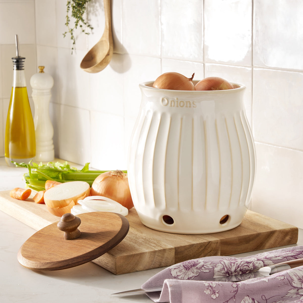The Pioneer Woman Colette Stoneware Onion Keeper, White