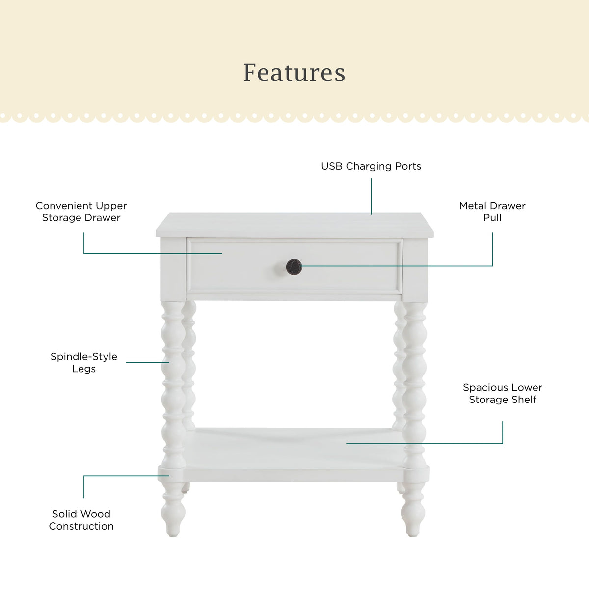 The Pioneer Woman Harper Spindle Nightstand with USB Charging Ports, Adults and Teens, White Finish