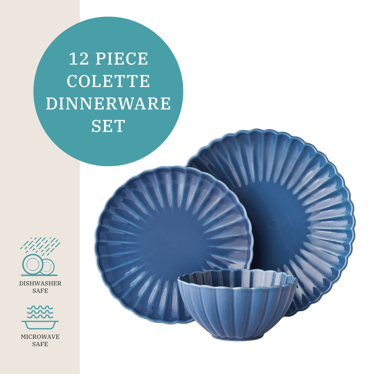 The Pioneer Woman Colette 12-Piece Stoneware Dinnerware Set, Blue