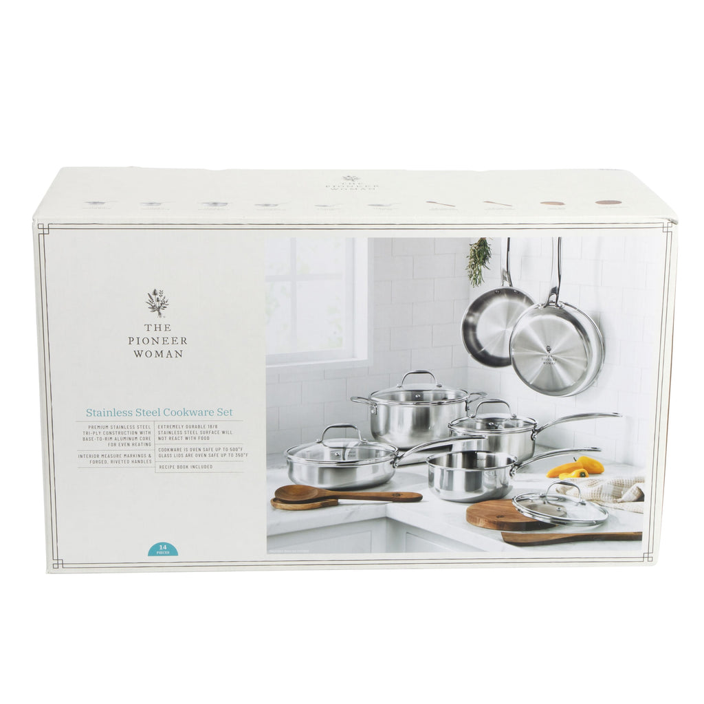The Pioneer Woman 14-Piece Stainless Steel Cookware Set, Cooking Pots and Pans Set with Kitchen Utensils