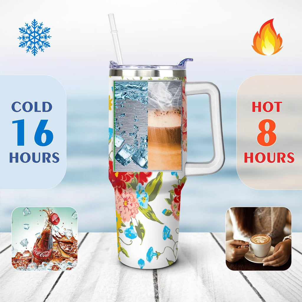 40 Oz Tumbler with Handle Lid and Straw Pioneer Flower Women Stainless Steel Travel Mug Double Walled Vacuum Insulated Cup, Christmas Birthday Gifts for Indoor Outdoor Sports