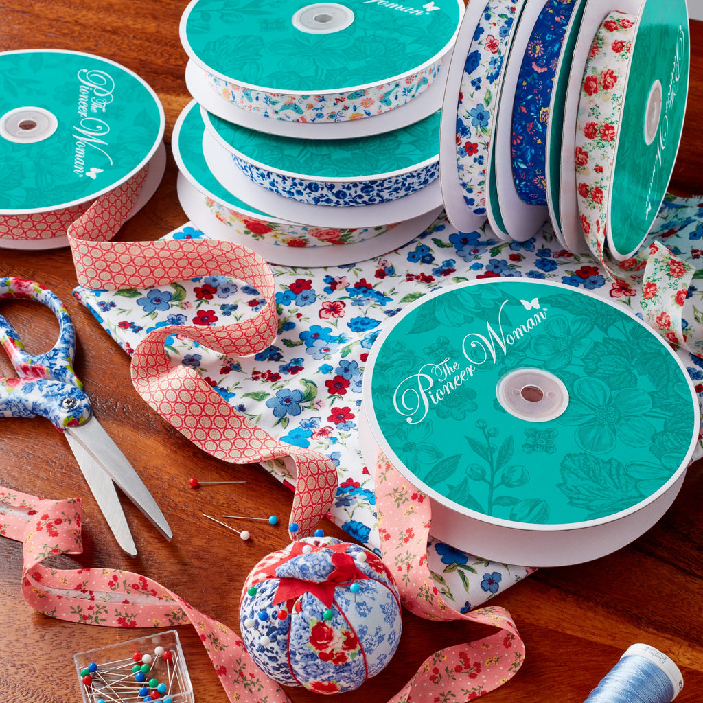 The Pioneer Woman Sweet Rose Double Fold Cotton Quilt Binding Ribbon, 7/8" x 25 Yards