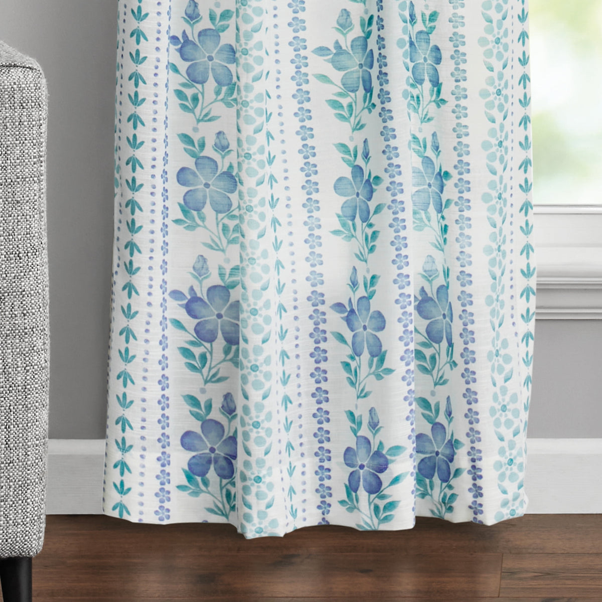 The Pioneer Woman Hattie Stripe 2 Pack Curtain Panel, BCI Cotton, Floral, Blue, RodPocket, 40" W x 84" L