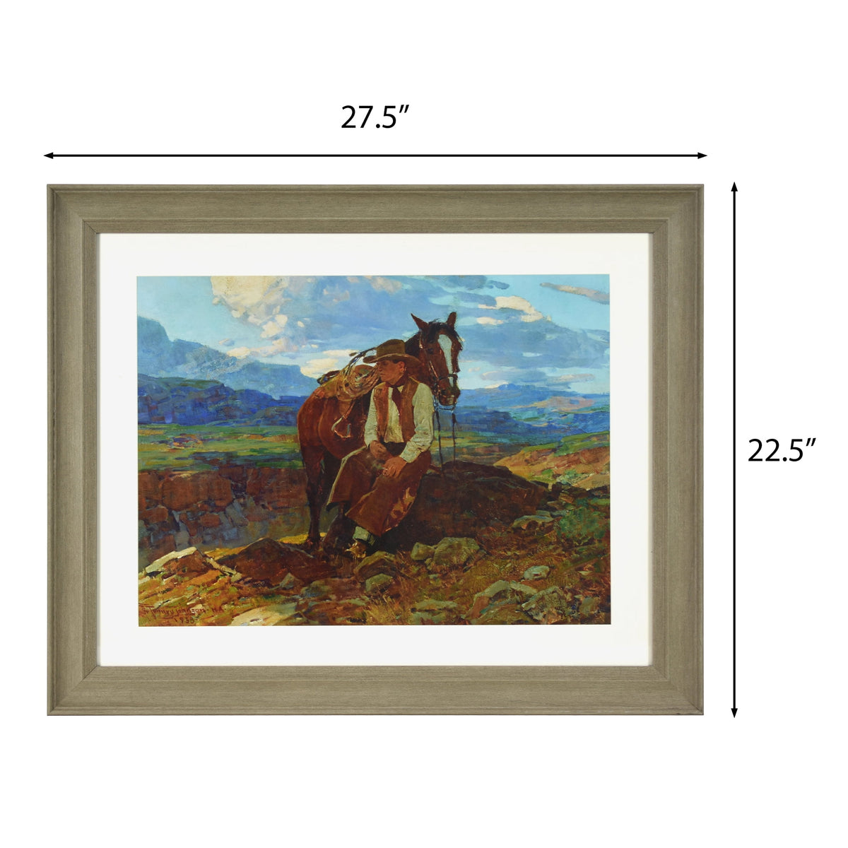 The Pioneer Woman Frank Tenney Johnson "An Idle Dreamer" Framed Western Wall Art Print, Cowboy and Horse Landscape Artwork, Matted Rustic Ranch Decor, Ready to Hang Framed Art for Living Room