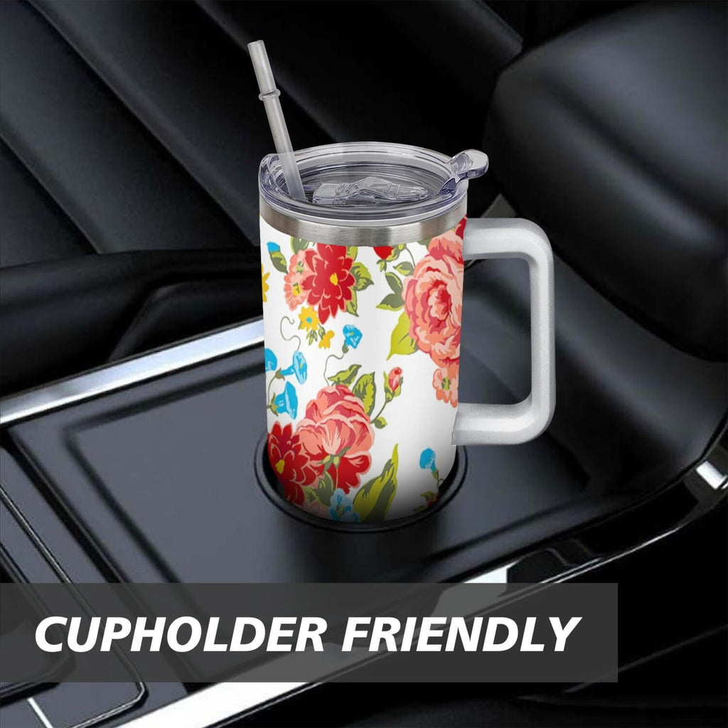 40 Oz Tumbler with Handle Lid and Straw Pioneer Flower Women Stainless Steel Travel Mug Double Walled Vacuum Insulated Cup, Christmas Birthday Gifts for Indoor Outdoor Sports