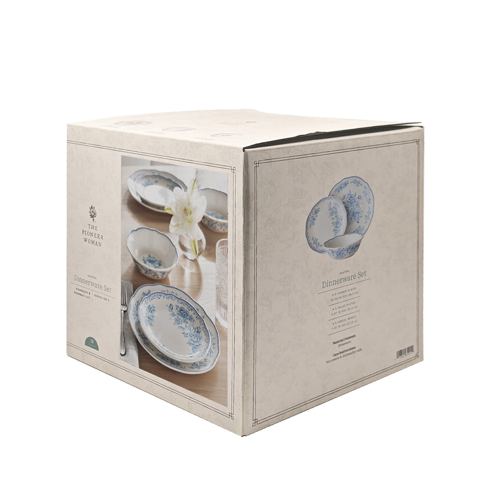The Pioneer Woman Agatha 12-Piece Stoneware Dinnerware Set, Blue