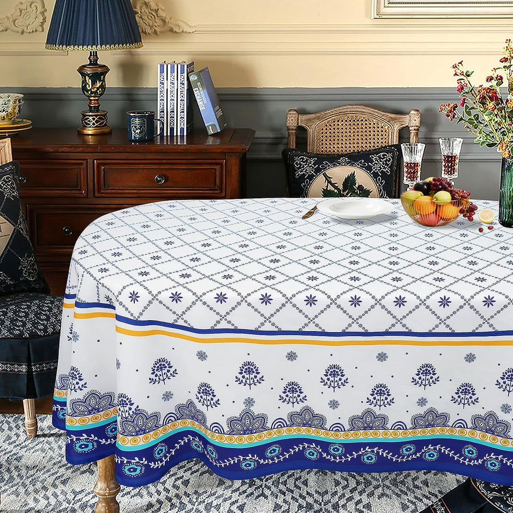 Polish Pottery Style Tablecloth, Blue Ceramic Table Cloth, Farmhouse Tablecover for Oval Tables 60 x 84, Perfect for Kitchen Dinner, Restaurant,Holiday Picnic Party Table Cover