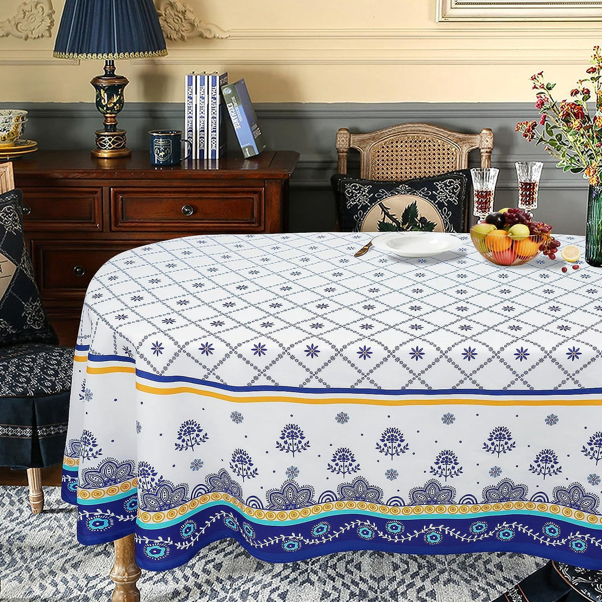 Polish Pottery Style Tablecloth, Blue Ceramic Table Cloth, Farmhouse Tablecover for Oval Tables 60 x 84, Perfect for Kitchen Dinner, Restaurant,Holiday Picnic Party Table Cover