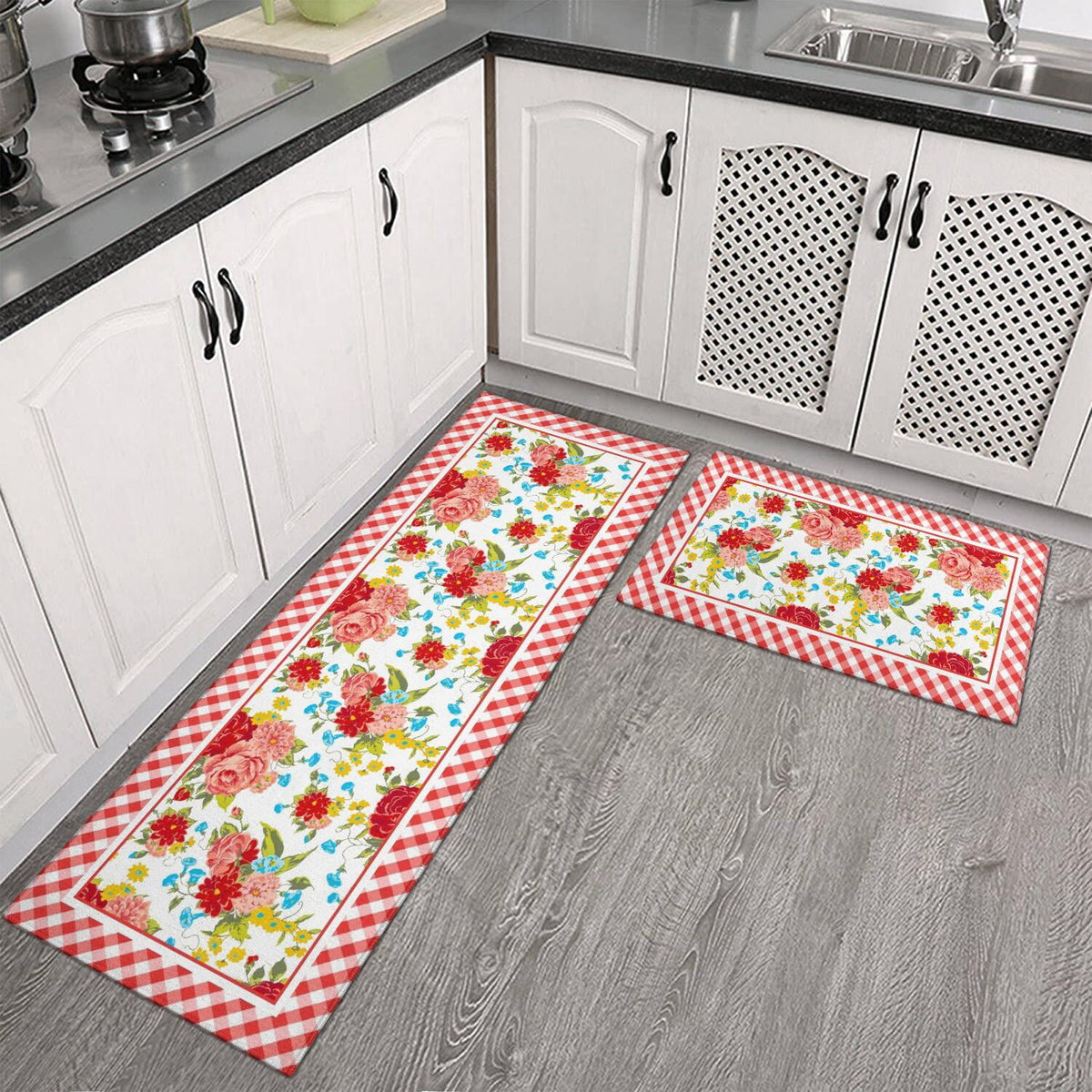 Flower Kitchen Mat Sets 2 Piece Farmhouse Anti Fatigue Waterproof Stain Resistant Floor Rug Non Slip Pioneer Flower Woman Kitchen Laundry Room Rug - 17x30+17x47Inch