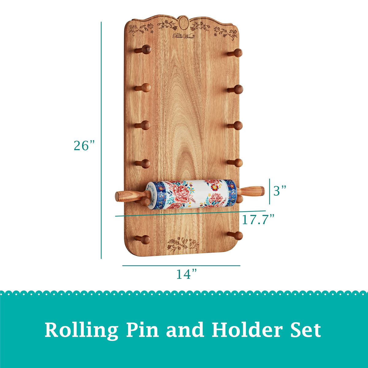 The Pioneer Woman Keepsake Floral 17.7" Ceramic Rolling Pin with Acacia Wood Holder