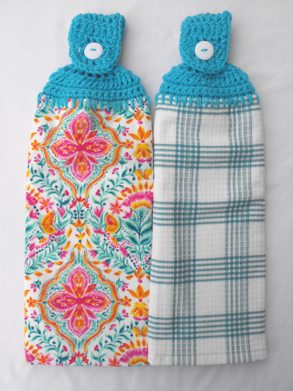 PIONEER FOLK GEO - 2 DOUBLE/FULL HANDMADE CROCHET TOP HANGING KITCHEN TOWEL - TURQUOISE TOPPER