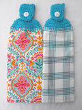 PIONEER FOLK GEO - 2 DOUBLE/FULL HANDMADE CROCHET TOP HANGING KITCHEN TOWEL - TURQUOISE TOPPER