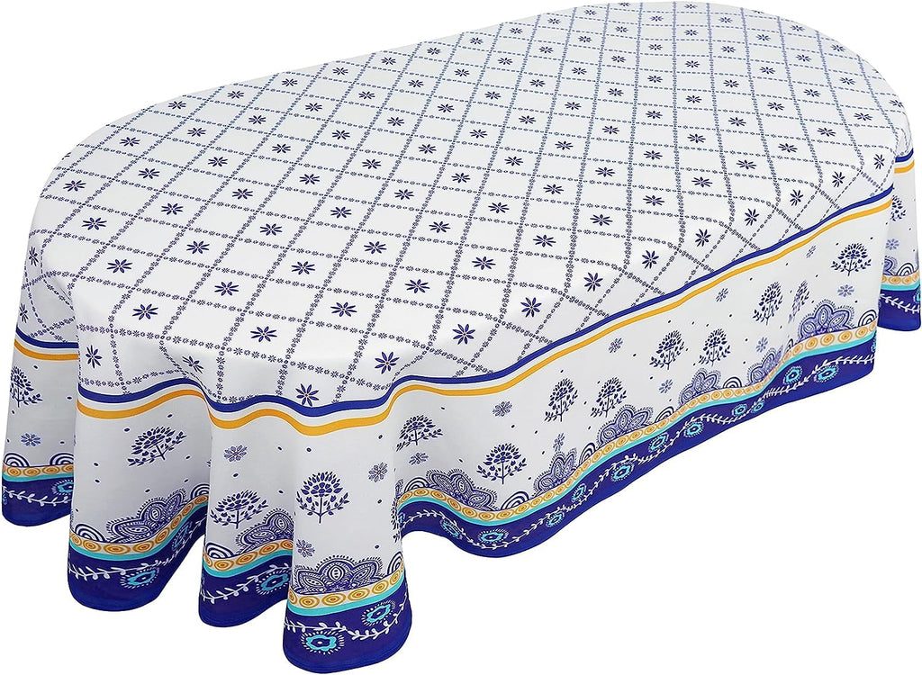 Polish Pottery Style Tablecloth, Blue Ceramic Table Cloth, Farmhouse Tablecover for Oval Tables 60 x 84, Perfect for Kitchen Dinner, Restaurant,Holiday Picnic Party Table Cover