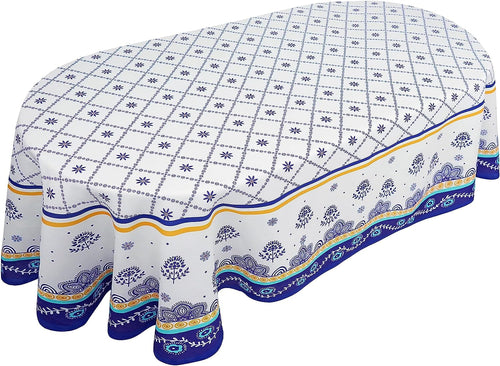 Polish Pottery Style Tablecloth, Blue Ceramic Table Cloth, Farmhouse Tablecover for Oval Tables 60 x 84, Perfect for Kitchen Dinner, Restaurant,Holiday Picnic Party Table Cover