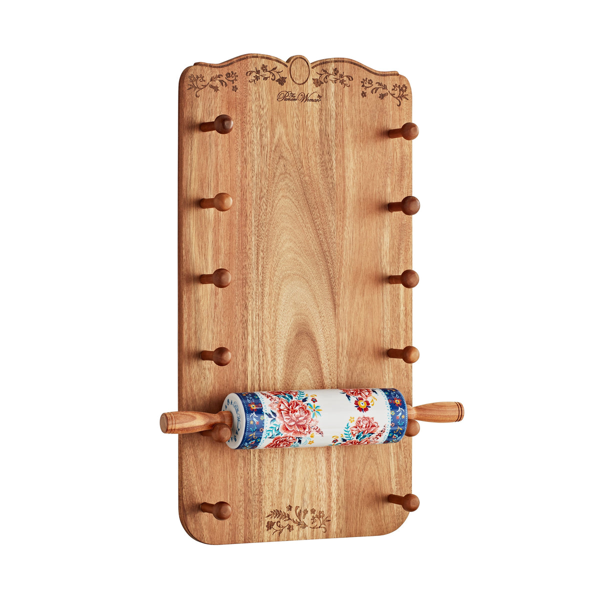 The Pioneer Woman Keepsake Floral 17.7" Ceramic Rolling Pin with Acacia Wood Holder