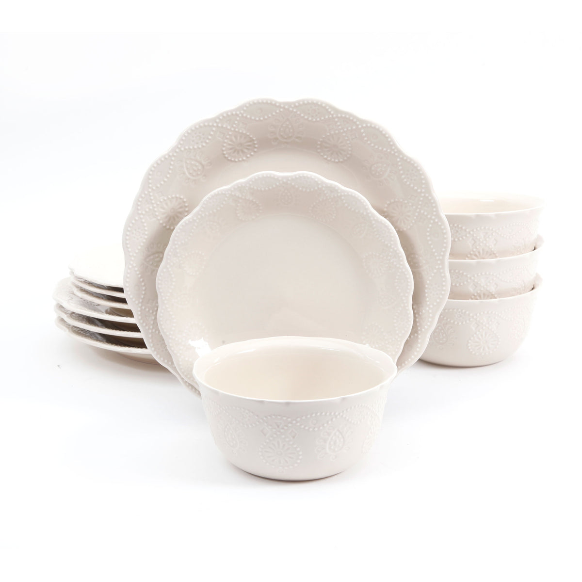 The Pioneer Woman Cowgirl Lace 12-Piece Dinnerware Set, Red - Classic Cottagecore Essential
