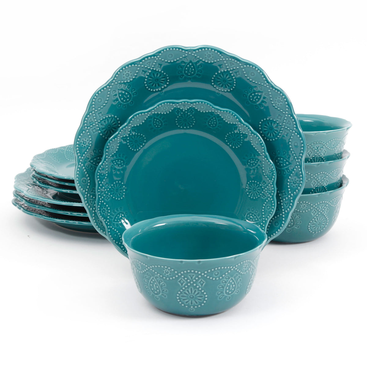 The Pioneer Woman Cowgirl Lace 12-Piece Dinnerware Set, Red - Classic Cottagecore Essential