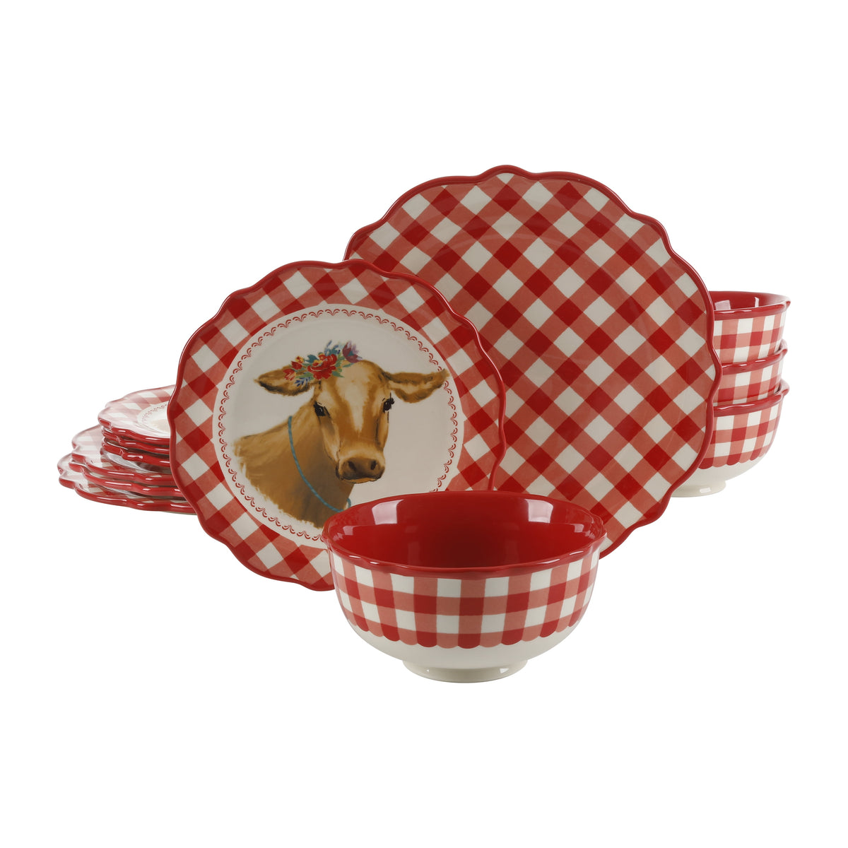 The Pioneer Woman Gingham 12-Piece Ceramic Dinnerware Set, Gray - Classic Cottagecore Essential