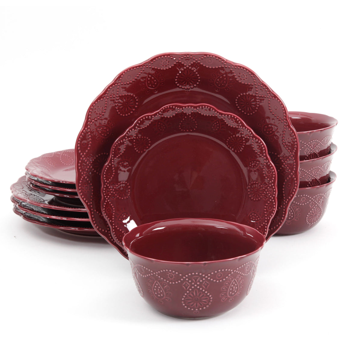The Pioneer Woman Cowgirl Lace 12-Piece Dinnerware Set, Red - Classic Cottagecore Essential