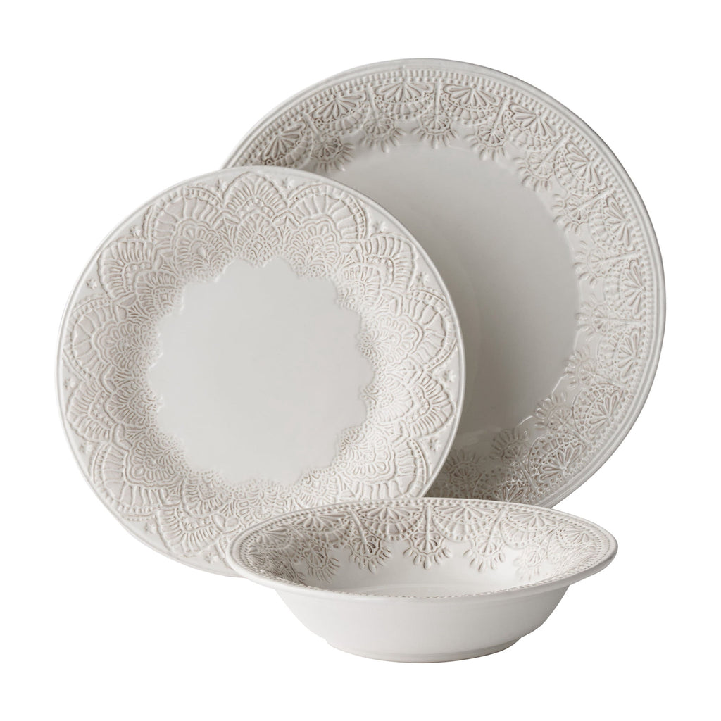 The Pioneer Woman Vintage Lace 12-Piece Ceramic Dinnerware Set, Linen