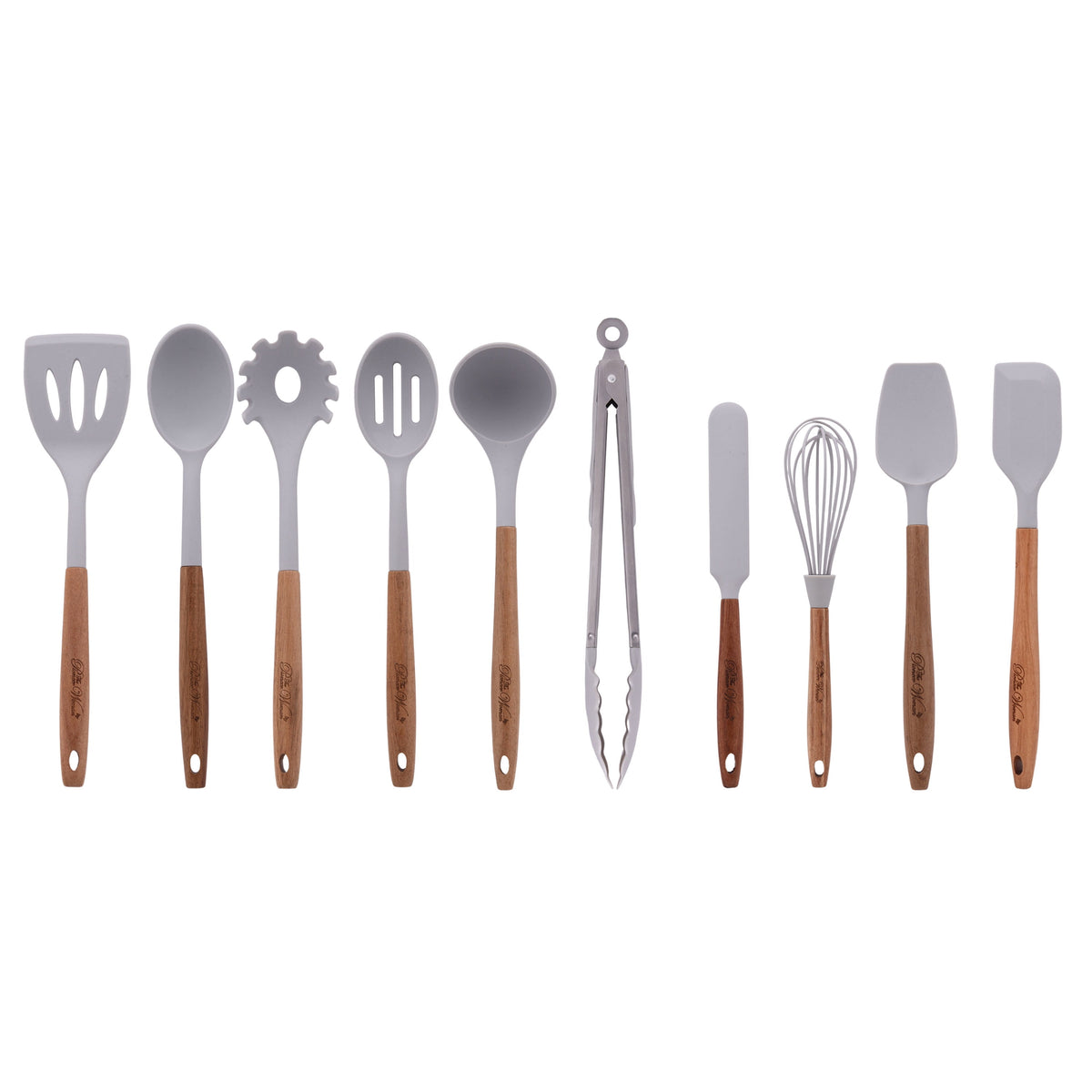 The Pioneer Woman 10-Piece Silicone and Acacia Wood Handle Cooking Utensils Set, Blue - Classic Cottagecore