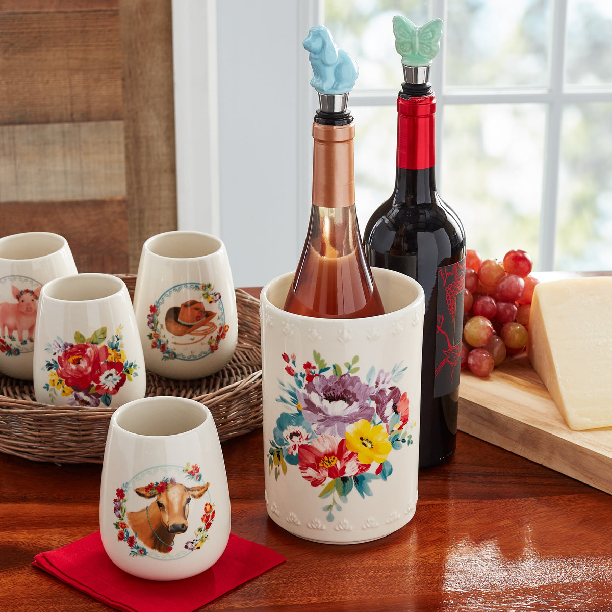 The Pioneer Woman Sweet Rose 7-Piece Stoneware Stemless Wine Glasses Set with Chiller