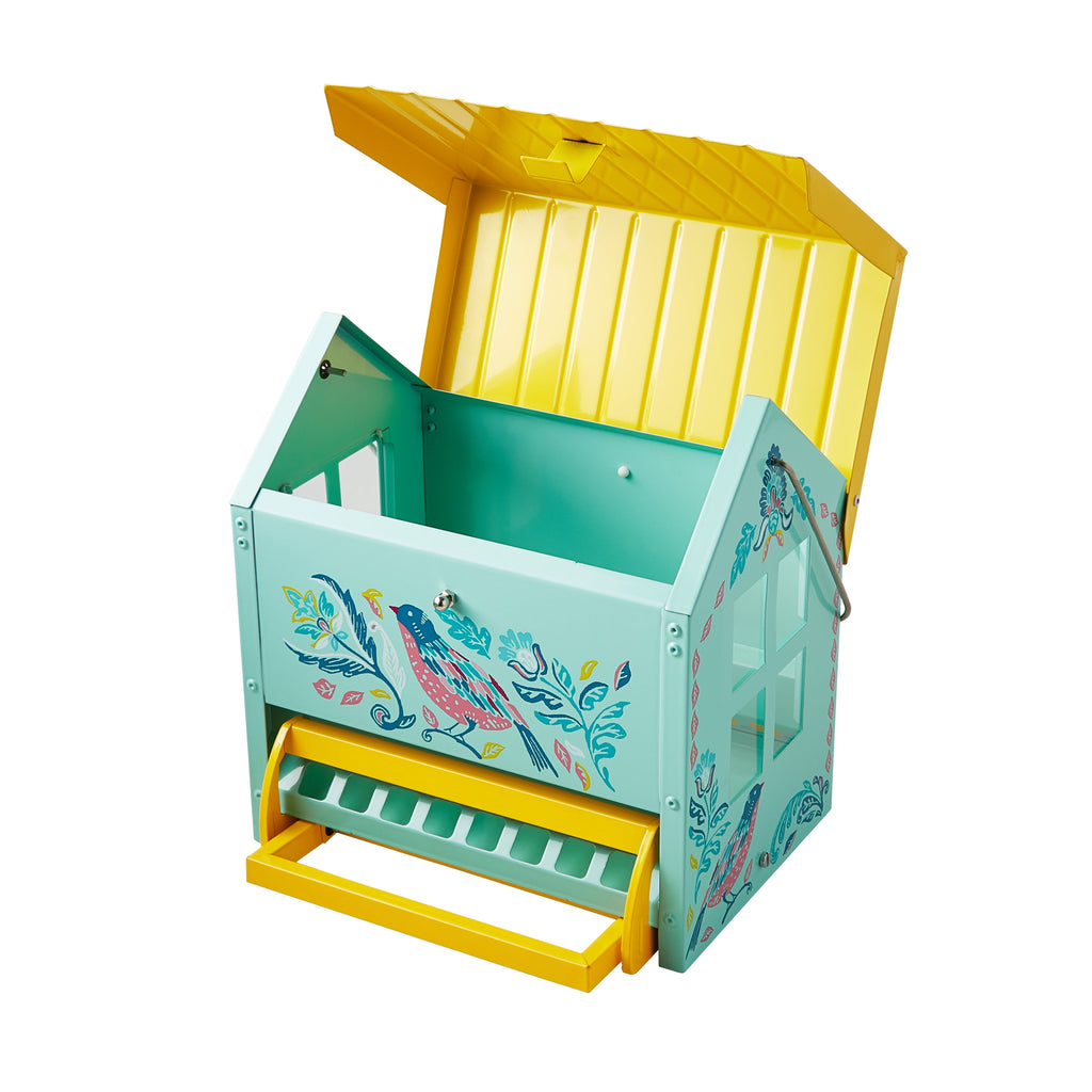 The Pioneer Woman Bird Ogee Metal Squirrel Proof Hopper Bird Feeder 5.5QT , Teal Yellow