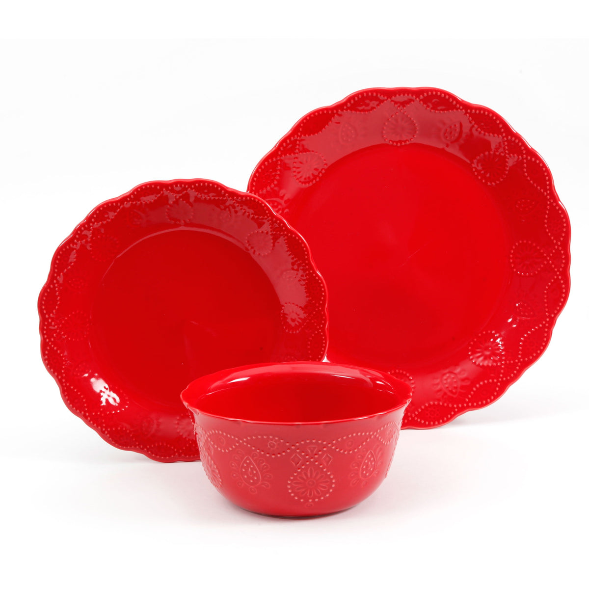 The Pioneer Woman Cowgirl Lace 12-Piece Dinnerware Set, Red