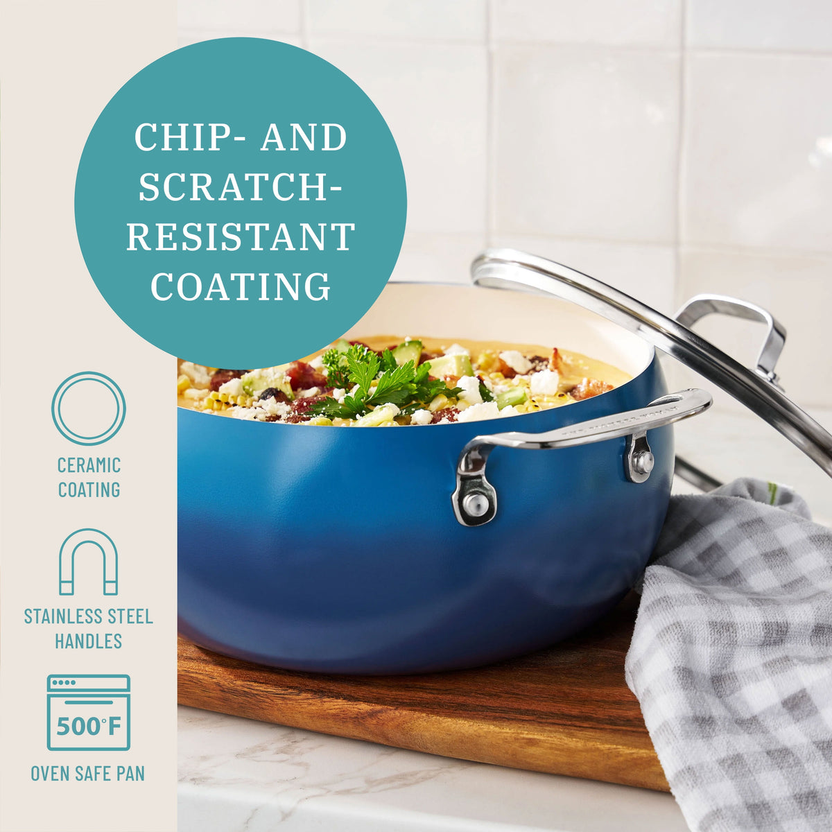 The Pioneer Woman Harlow 7.5 Qt Ceramic Non-Stick Stock Pot with Lid, Denim Blue