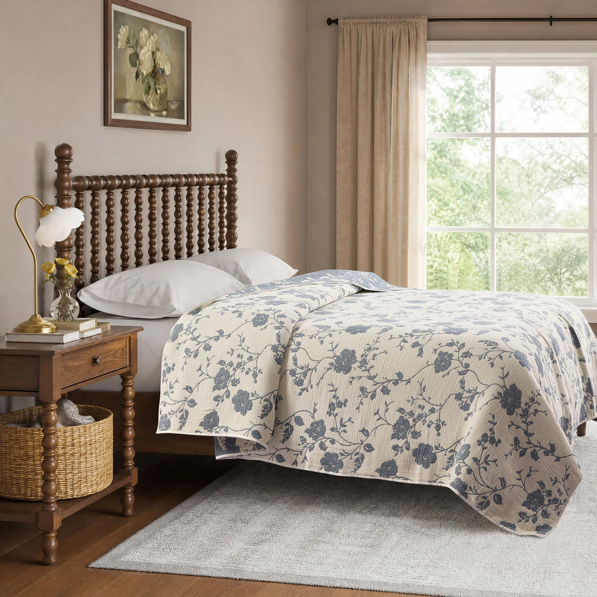 The Pioneer Woman Agatha Floral Gauze Quilt, Full/Queen, Blue Dust, Reversible Bedding
