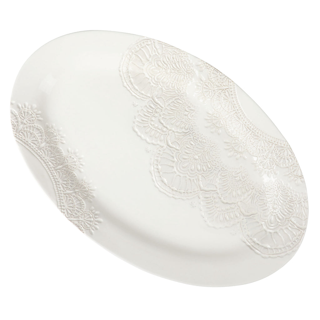 The Pioneer Woman Vintage Lace 20-inch Stoneware Oval Serving Tray Platter, White