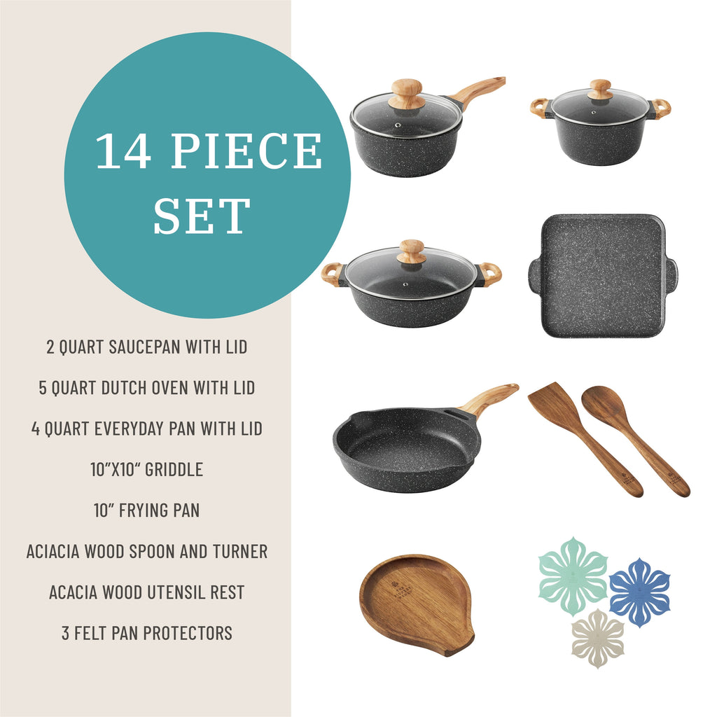 The Pioneer Woman Prairie Signature 14-Piece Cast Aluminum Cookware Set, Charcoal