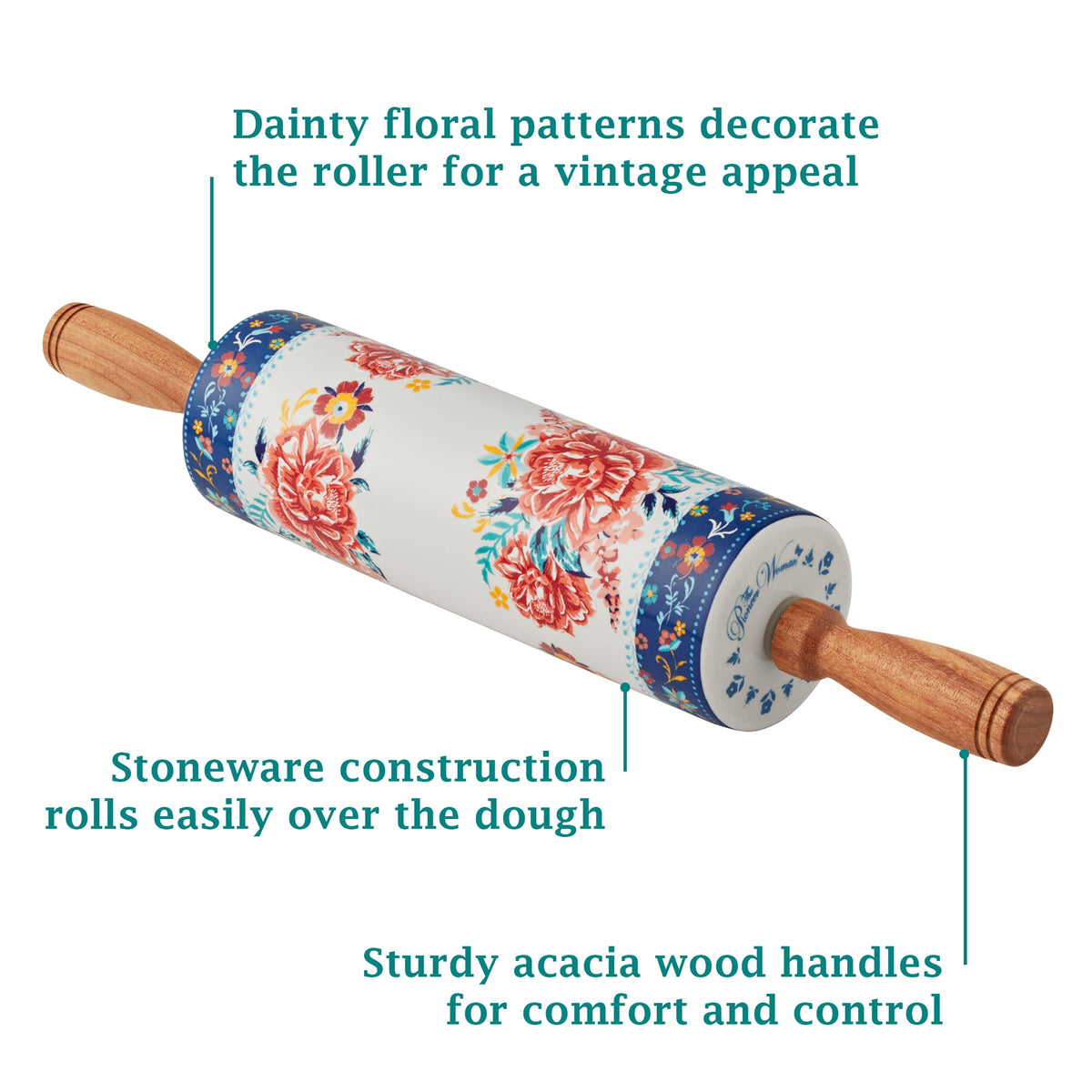The Pioneer Woman Keepsake Floral 17.7" Ceramic Rolling Pin with Acacia Wood Holder