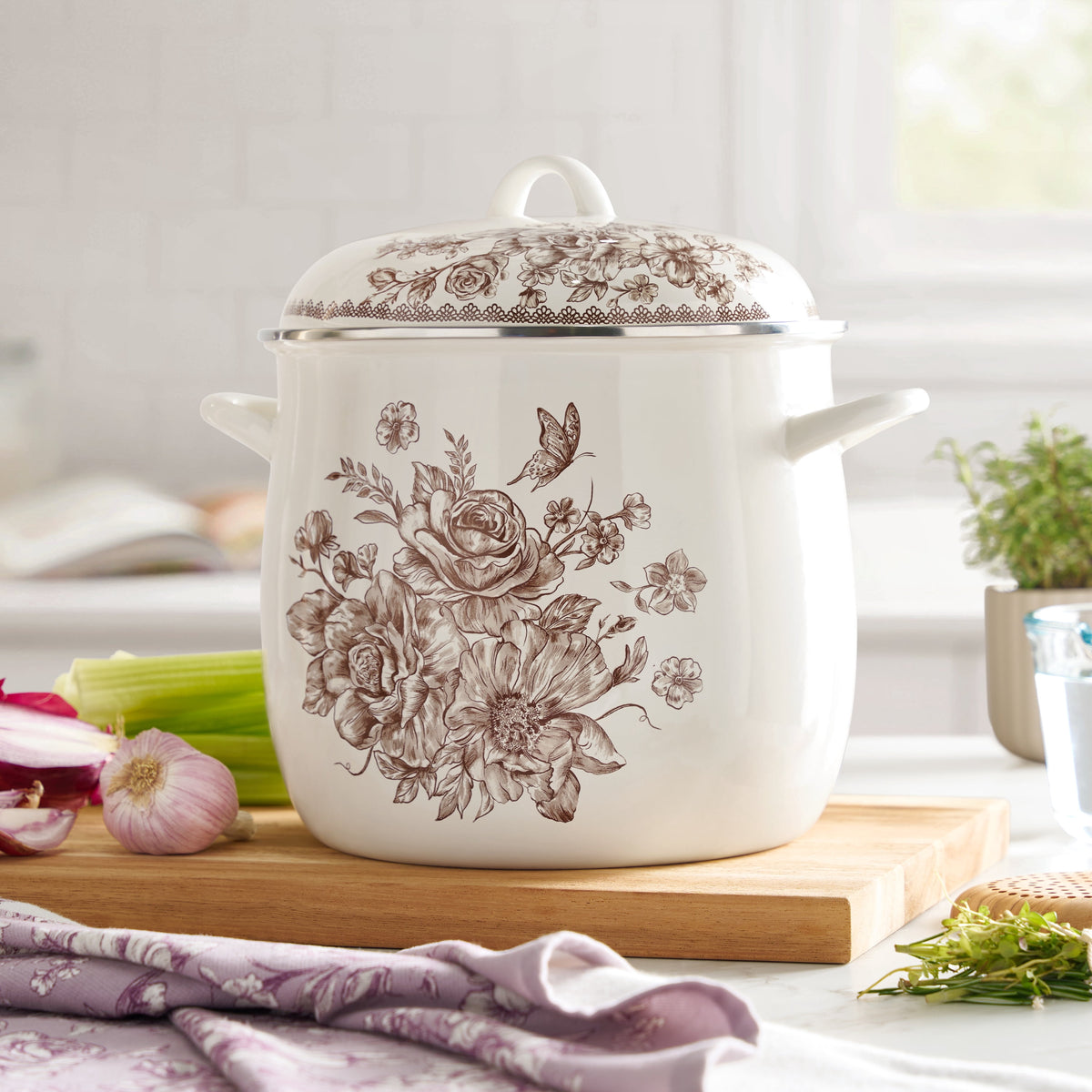 The Pioneer Woman Agatha 12 Qt Enamel on Steel Stock Pot with Lid, Brown