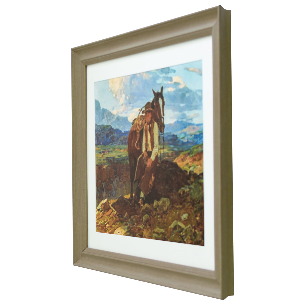 The Pioneer Woman Frank Tenney Johnson "An Idle Dreamer" Framed Western Wall Art Print, Cowboy and Horse Landscape Artwork, Matted Rustic Ranch Decor, Ready to Hang Framed Art for Living Room