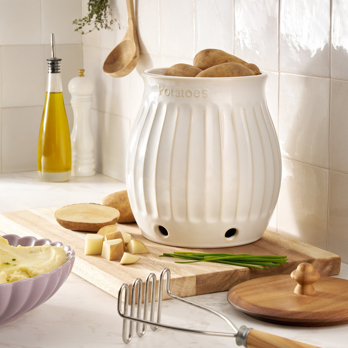 The Pioneer Woman Colette Stoneware Potato Keeper, White
